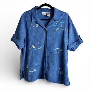 Vintage Blue Checkered Beach Motif Embroidered Button-Up Shirt